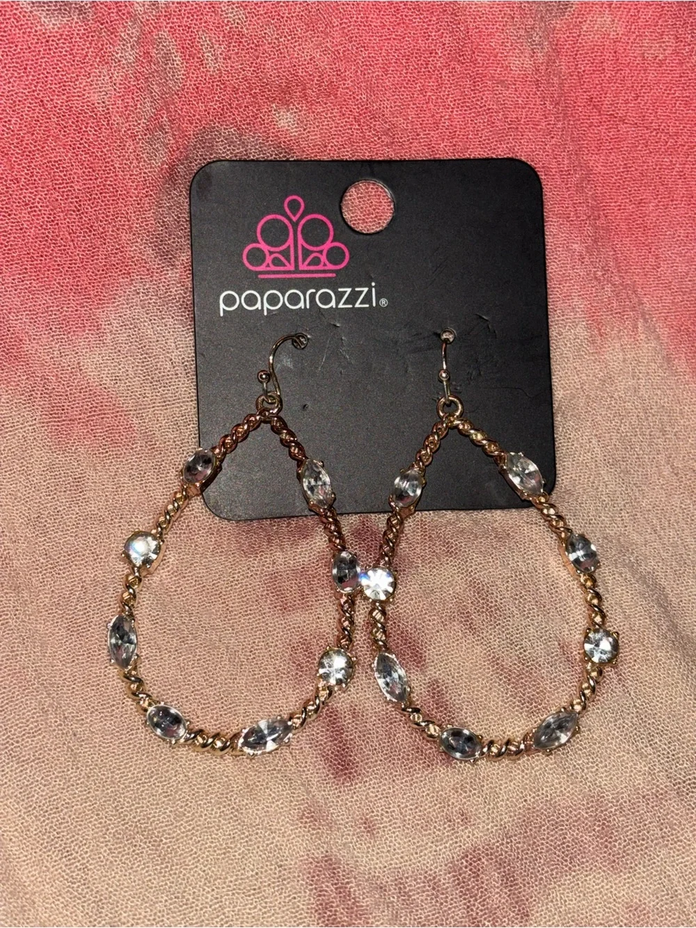 paparazzi Gold-Tone Teardrop Hoop Earrings with Clear Stones